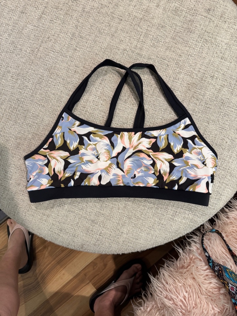 Hapari Black Floral Sports Bikini Top with Pastel Blue & Cream Print